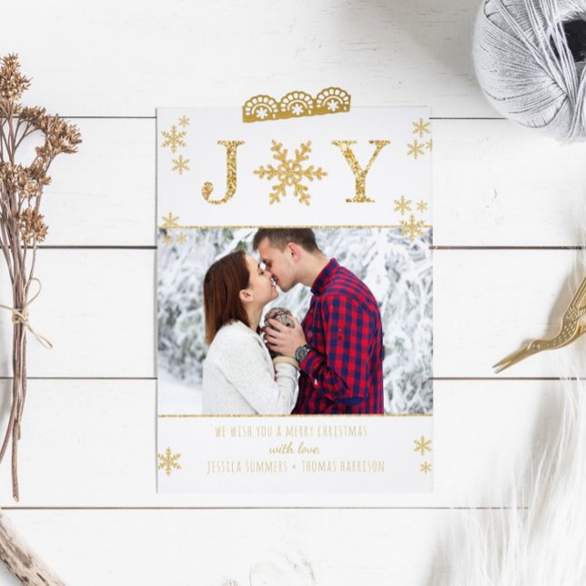 "Joy" White & Gold Snowflakes Photo Christmas Card (Creator Uploaded)