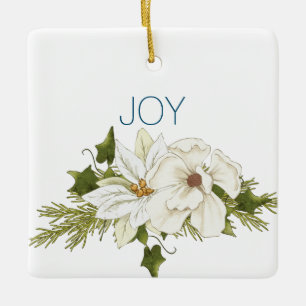 JOY White Poinsettia Christmas Name & Date Ceramic Ornament