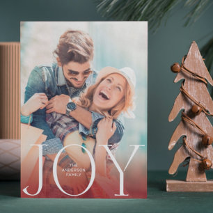 JOY White Red Overlay Photo Modern Holiday Card