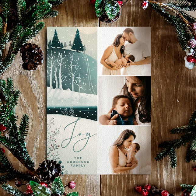 Joy Winter Forest | Modern Three Photo Christmas Holiday Card (Creator Uploaded)