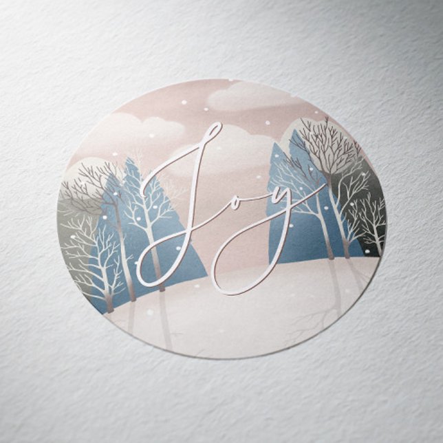 Joy Winter Holiday | Snowy Cosy Woodland Christmas Classic Round Sticker (Creator Uploaded)