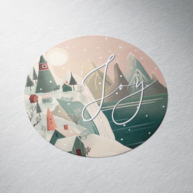 Joy Winter Mountain Village | Christmas Holiday Classic Round Sticker (Creator Uploaded)