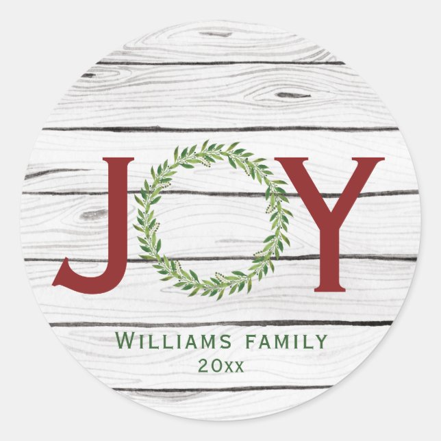 Joy Winter Wreath Family Christmas  Classic Round Sticker (Front)