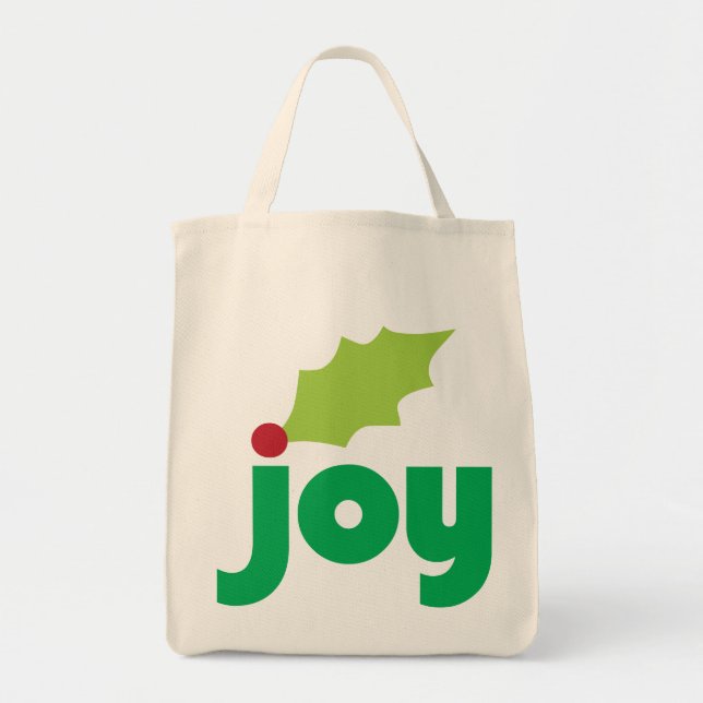 Joy with Holly Leaf and Berry Organic Grocery Tote (Front)