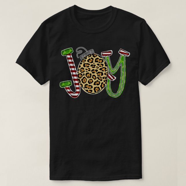 Joy with Leopard Candy Cane Christmas Funny  T-Shirt (Design Front)