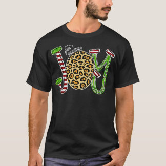 Joy with Leopard Candy Cane Christmas Funny T-Shirt