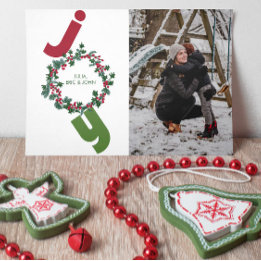 Joy with photo and christmas wreath on green holiday card