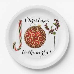 Joy word art candy cane ornament and holly paper plate