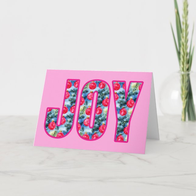 JOY Word Art in Fuchsia Pink and Teal Green Holiday Card (Front)