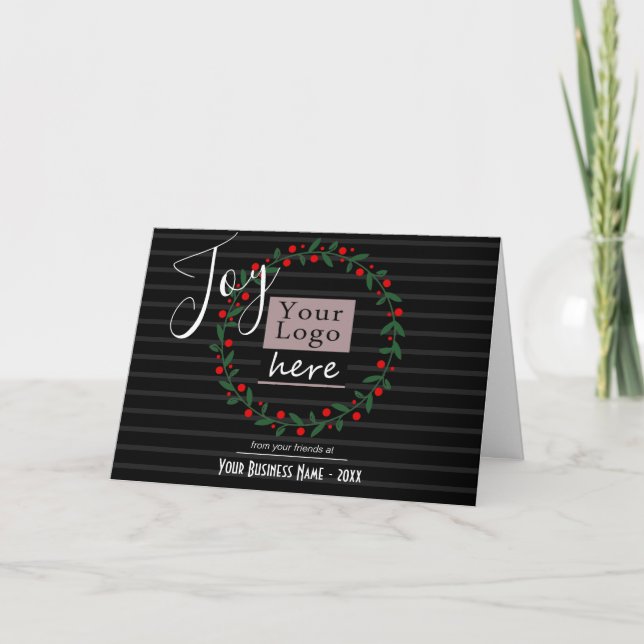 Joy Wreath Business logo and Photo Holiday Card (Front)