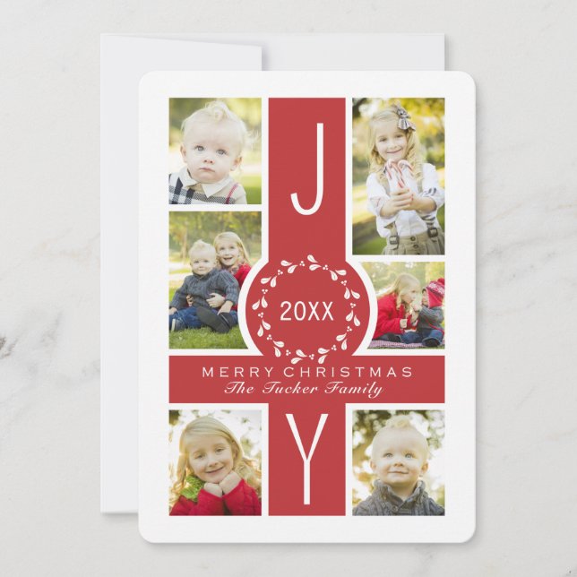 Joy Wreath Monogram Christmas Collage Photo Card (Front)