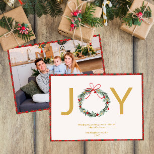 JOY Wreath Photo Christmas Card with Plaid Trim 