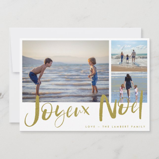 Joyeaux Noel Gold Family Photo Christmas Card (Front)