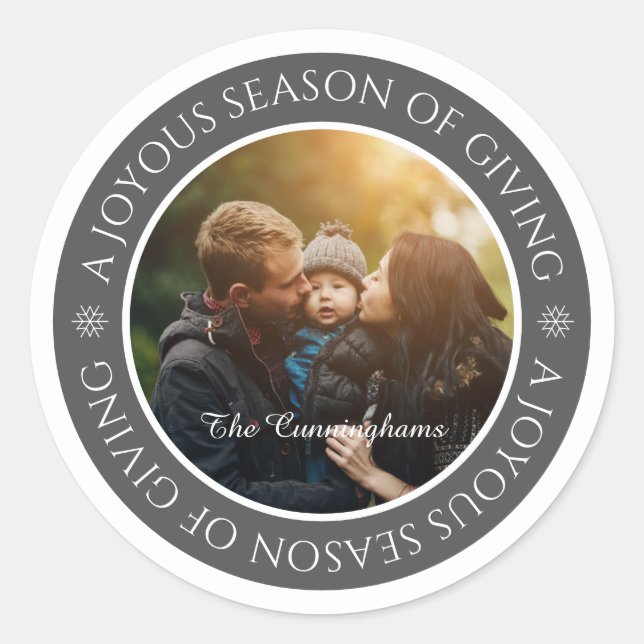 Joyeous Season's Greetings | Custom Family Photo Classic Round Sticker (Front)