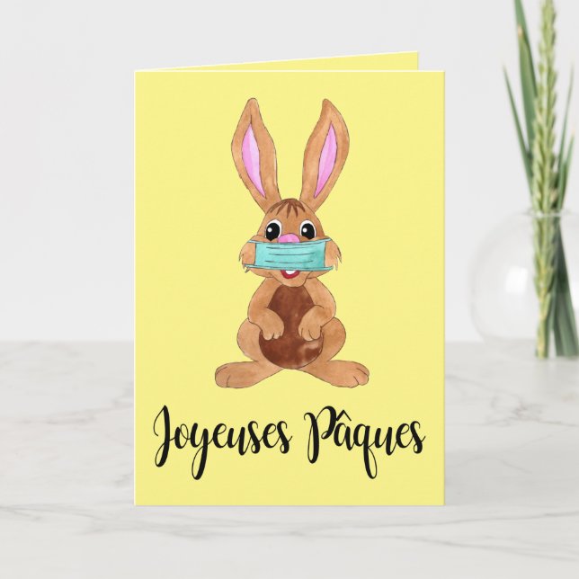 Joyeuses Pâques French Easter Face masked Bunny Holiday Card (Front)