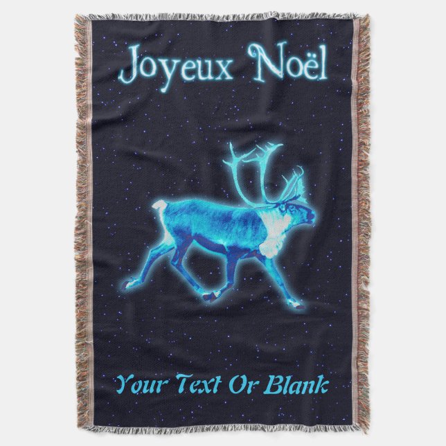 Joyeux Noёl - Blue Caribou (Reindeer) Throw Blanket (Front Vertical)