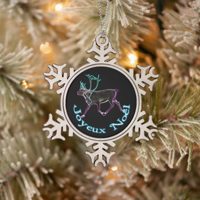 Joyeux Noёl - Electric Caribou Snowflake Pewter Christmas Ornament (Tree)