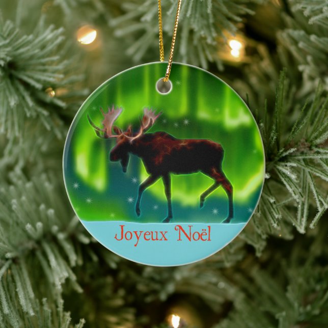 Joyeux Noёl - Northern Lights Moose Ceramic Tree Decoration (Tree)