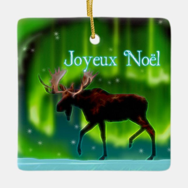 Joyeux Noёl - Northern Lights Moose Ceramic Tree Decoration (Front)