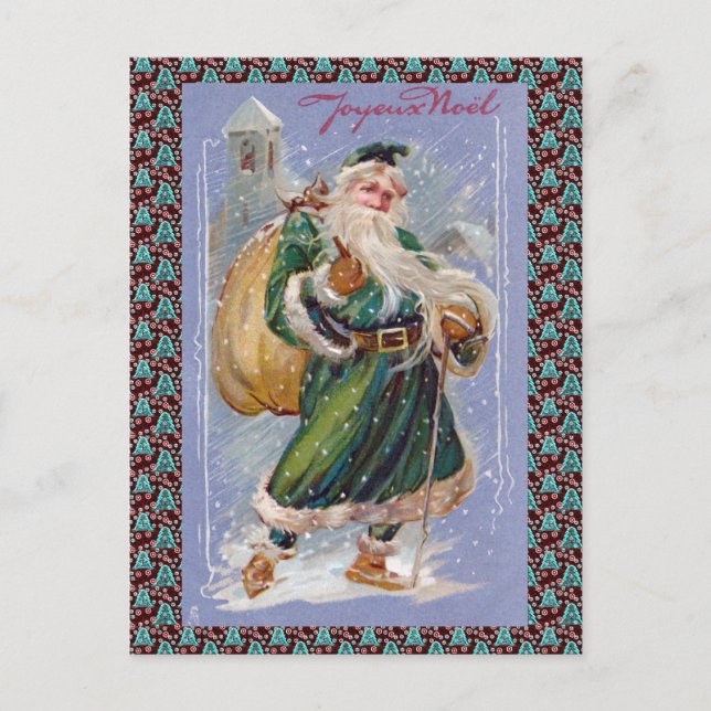 Joyeux Noel aka Merry Christmas Green Santa Claus Holiday Postcard (Front)