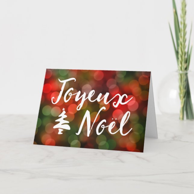 Joyeux Noël bokeh tree lights Holiday Card (Front)