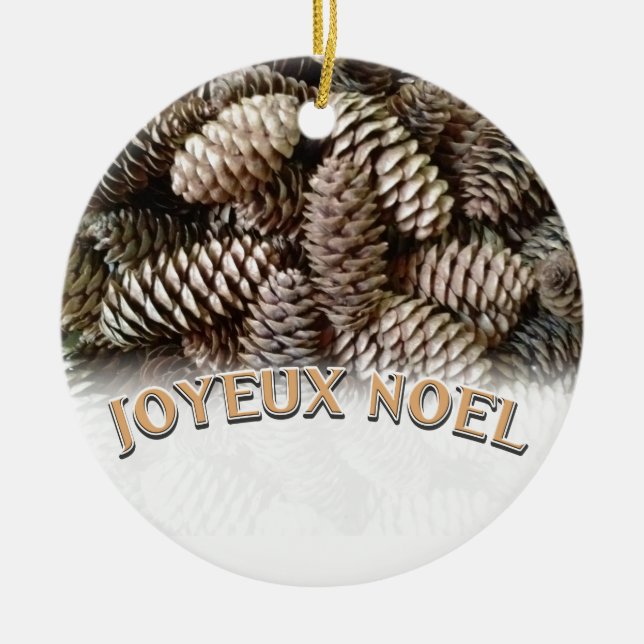 Joyeux Noel Christmas Holiday Pine Cone Ceramic Tree Decoration (Front)