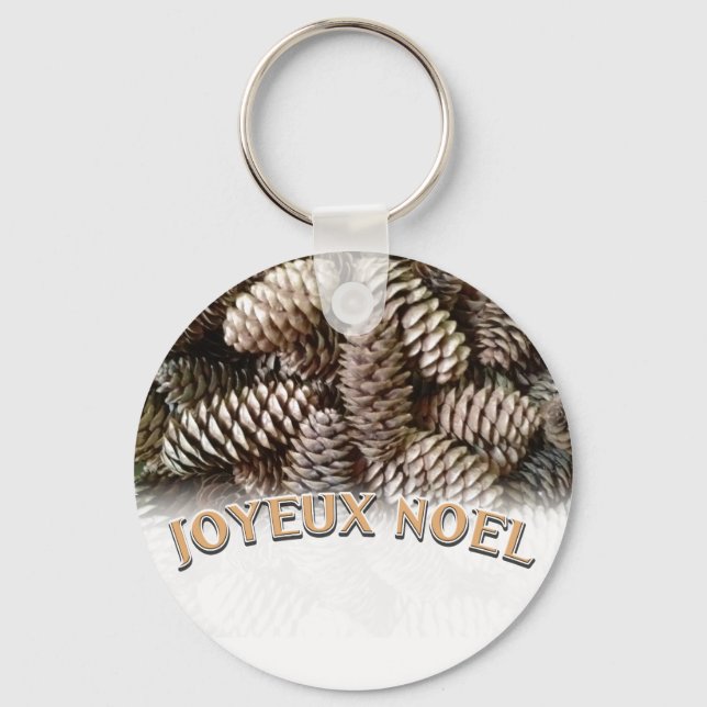 Joyeux Noel Christmas Holiday Pine Cone Key Ring (Front)