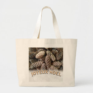 Joyeux Noel Christmas Holiday Pine Cone Large Tote Bag