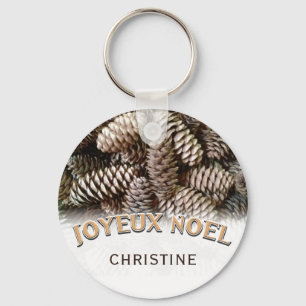 Joyeux Noel Christmas Holiday Pine Cone Name Key Ring