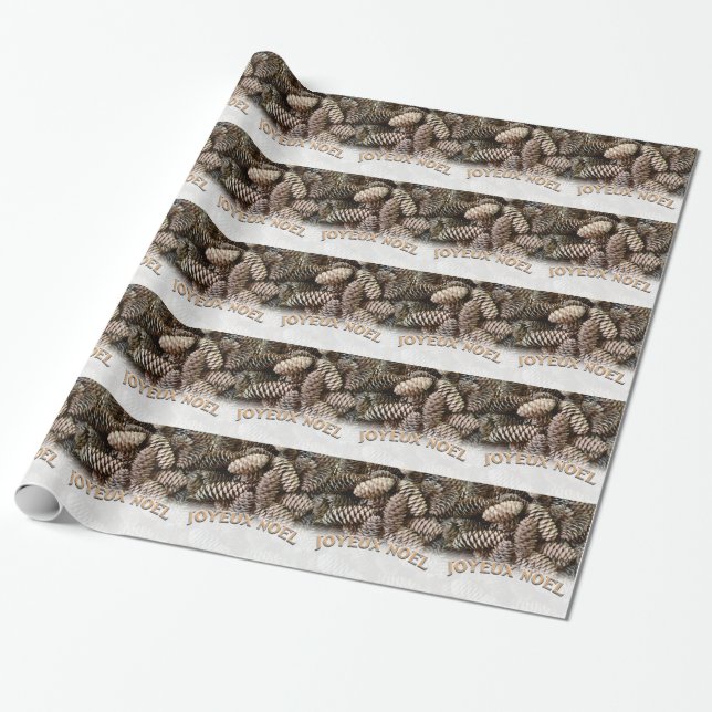 Joyeux Noel Christmas Holiday Pine Cone Wrapping Paper (Unrolled)