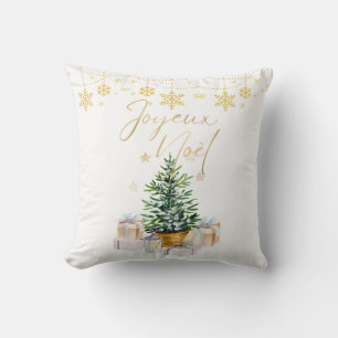Joyeux Noel Christmas Tree Gold Snowflakes Cushion