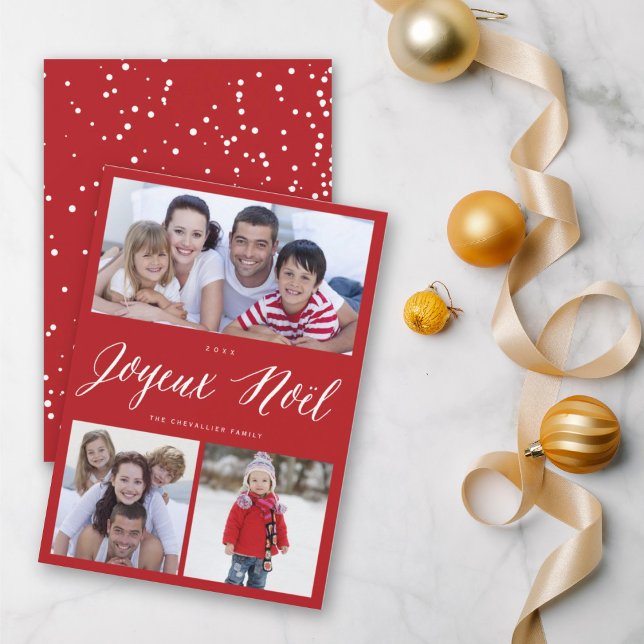 Joyeux Noel Christmas White Script 3 Photo Collage Holiday Card (Creator Uploaded)