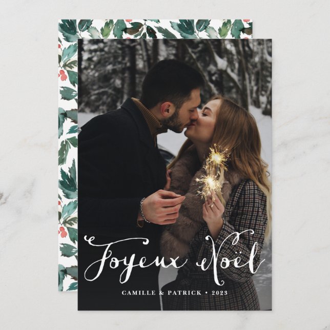 Joyeux Noël Cursive Lettering Christmas Photo Holiday Card (Front/Back)