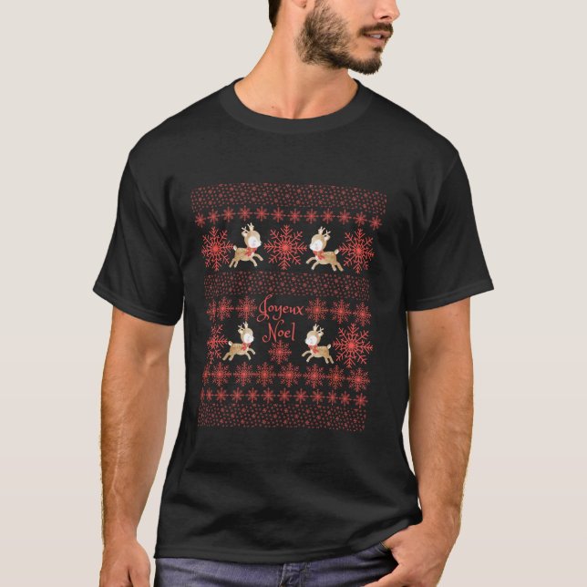 Joyeux Noel Cute Reindeer Snowflake Pattern Red  T-Shirt (Front)