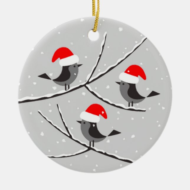 Joyeux Noël des oiseaux bonnet de Père Noël Ceramic Tree Decoration (Front)