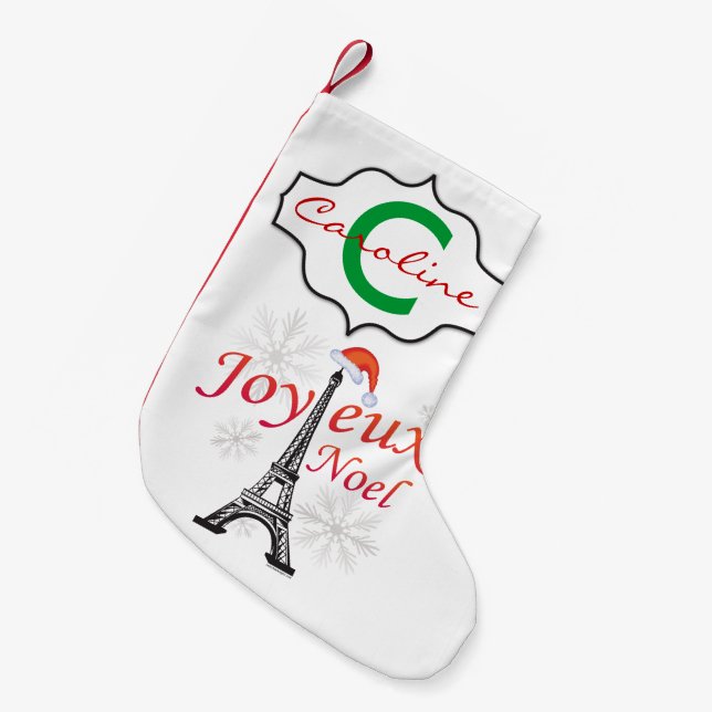 Joyeux Noel  Eiffel Tower Personalised Small Christmas Stocking (Front (Hanging))