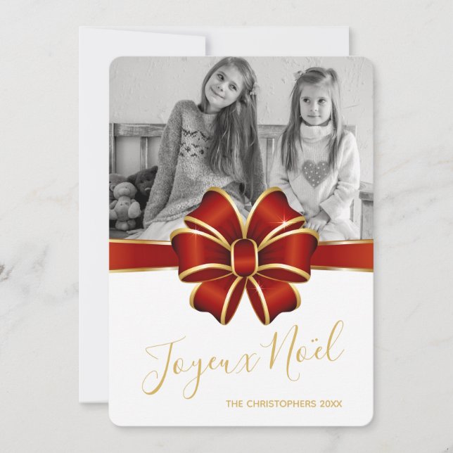 Joyeux Noel Elegant Red Gold Bow Photo Christmas Holiday Card (Front)