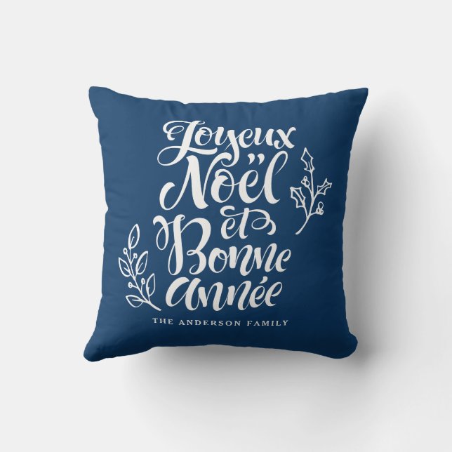 Joyeux Noël et Bonne Année Modern Script Navy Blue Cushion (Back)