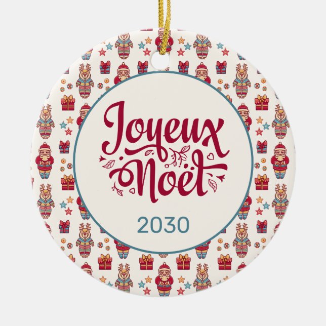 Joyeux Noel Folk Santa Reindeer Cream Custom Ceramic Tree Decoration (Front)