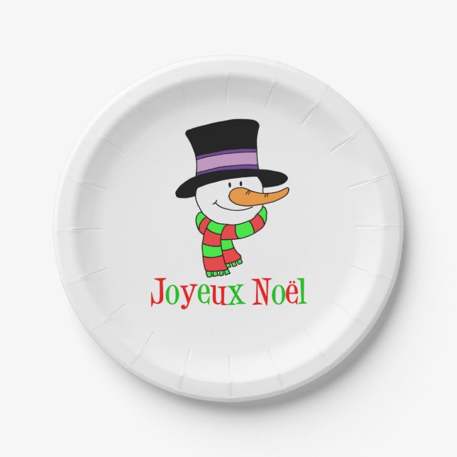 Joyeux Noel French Cartoon Snowman Christmas Paper Plate (Front)