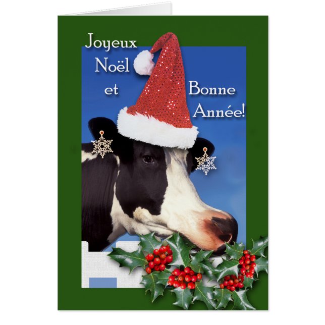 Joyeux Noel, French Christmas Cow with Santa Hat (Front)