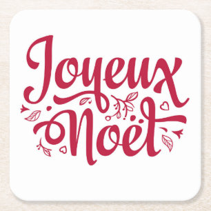 Joyeux Noel French Christmas greeting red white Square Paper Coaster