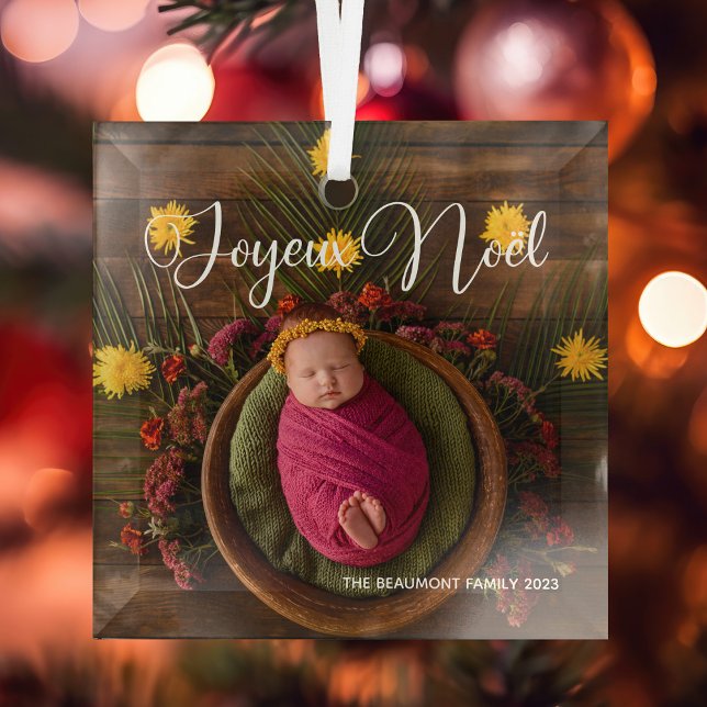 Joyeux Noël French Family Photo Christmas Gift Glass Tree Decoration (Creator Uploaded)