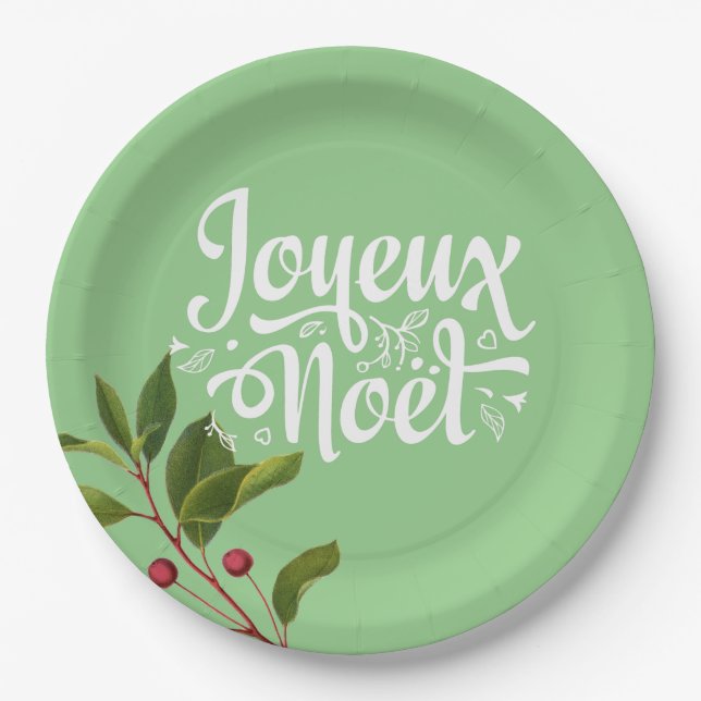 Joyeux Noel French Merry Christmas Red and Green Paper Plate (Front)
