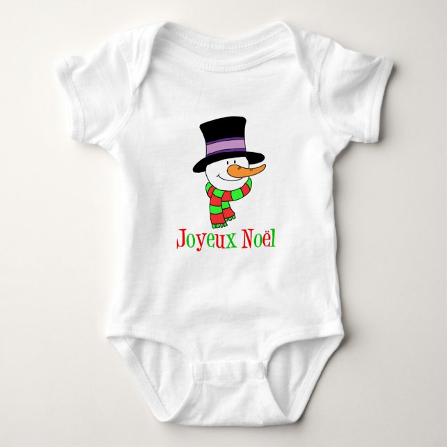 Joyeux Noel French Snowman Baby Bodysuit (Front)