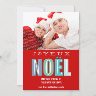 Joyeux Noel funky blue red chic Christmas photo Holiday Card