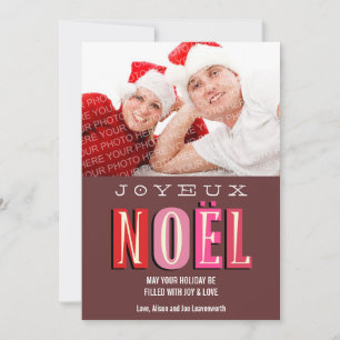 Joyeux Noel funky pink red chic Christmas photo Holiday Card
