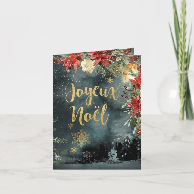 Joyeux Noel Gold Calligraphy Woodland Floral Holid Holiday Card (Front)