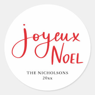 Joyeux Noel Handwritten Red Script  Classic Round Sticker