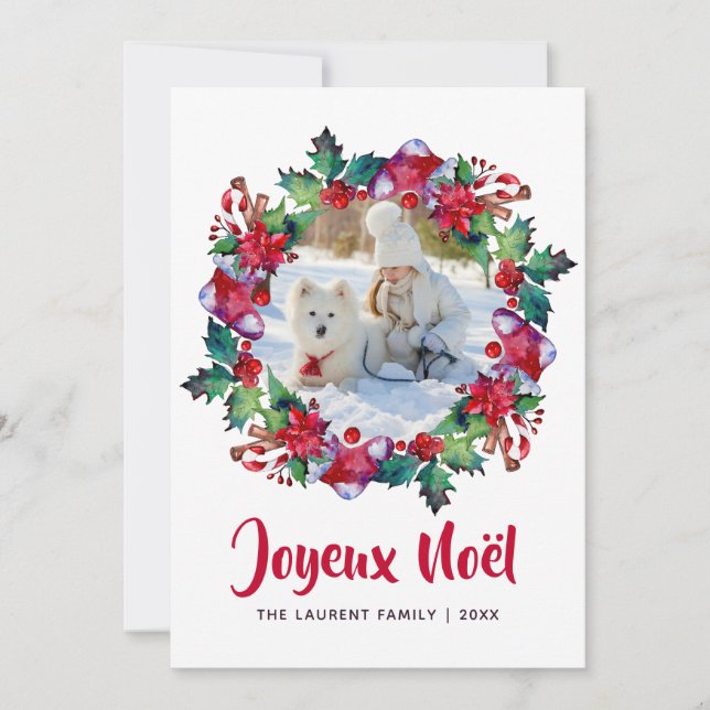 Joyeux Noël Holiday Stocking Floral Wreath Photo (Front)